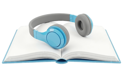 Blue headphones resting on an open book