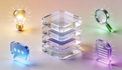 premium 3d digital illustration of layered glass storage tiers surrounded by light bulb magnifying glass chat bubble and document icons representing data analysis and ai technology
