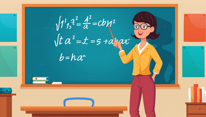 Vibrant illustration of a female teacher explaining math formulas on a classroom board with expressive gestures and simple background.
