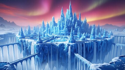 Majestic icy castle on frozen cliffside at sunset with aurora