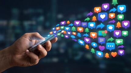 Hand holding smartphone with colorful social media icons and notifications floating out