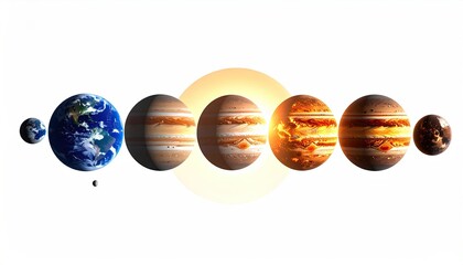 Obraz premium Planetary row, sun glows. Earth, large gas planets, small dark sphere, white back