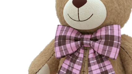 Close-up of a teddy bear with a pink and brown plaid bow