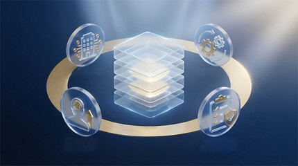 premium 3d digital illustration of a glass data server stack with floating icons for corporate building automation artificial intelligence human brain and security checklist
