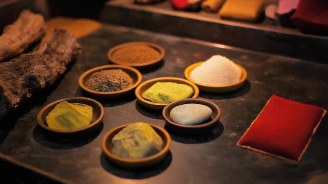 Colorful Powdered Pigments and Spices in Rustic Earthenware Bowls.