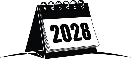 2028 desk planner new year calendar vector. Desk calendar displaying the year 2028 icon silhouette.