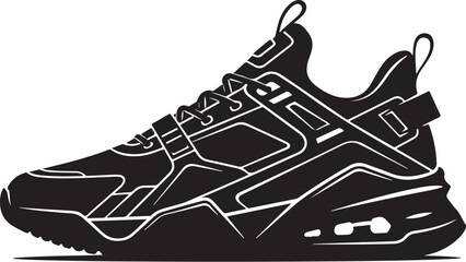 Vector illustration of sport shoes isolated on a white background featuring a digital circuit board pattern and tech line art for a modern engineering concept design