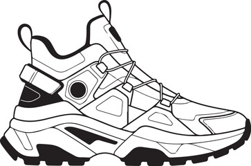 Vector illustration of sport shoes isolated on a white background featuring a digital circuit board pattern and tech line art for a modern engineering concept design