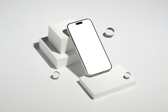 Modern smartphone mockup with blank screen on white geometric shapes