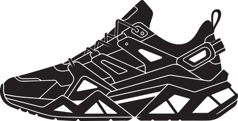 Vector illustration of sport shoes isolated on a white background featuring a digital circuit board pattern and tech line art for a modern engineering concept design