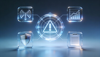 premium 3d digital illustration of a glowing blue cyber security interface featuring a central warning alert radar icon connected to signal shield chart and clipboard icons