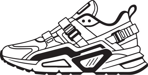 Vector illustration of sport shoes isolated on a white background featuring a digital circuit board pattern and tech line art for a modern engineering concept design