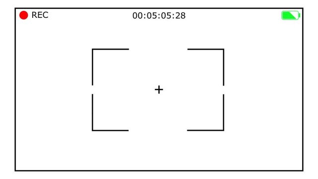 Camera Recording Viewfinder Overlay with Timecode and REC Indicator. Clean camera recording viewfinder overlay featuring REC indicator, timecode display, battery icon, focus brackets, center crosshair