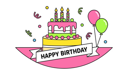 A colorful cartoon illustration of a birthday cake with candles and balloons