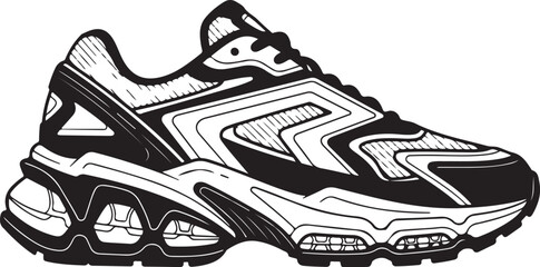 Vector illustration of sport shoes isolated on a white background featuring a digital circuit board pattern and tech line art for a modern engineering concept design