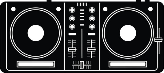 DJ equipment, a set of turntables and a mixer vector icon. DJ table setup, DJ controller with a mixer and two turntables illustration silhouette. 