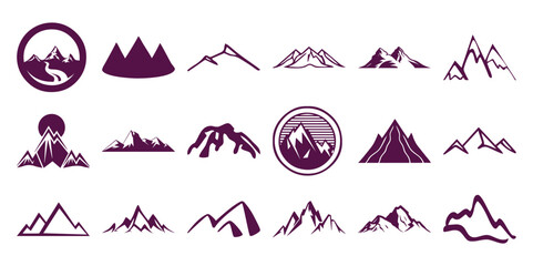 Fototapeta premium Collection of stylized purple mountain range and symbols mountains peak