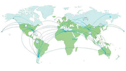 Obraz premium A world map with various countries connected by lines and routes on a black background