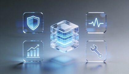premium 3d digital illustration of a glowing blue data server stack with floating glass icons for cyber security network monitoring business growth and maintenance optimization