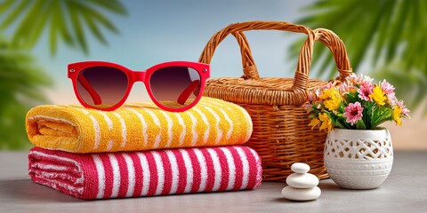 Relaxing Outdoor Holiday Scene with Towels, Sunglasses, and Picnic Basket Setup