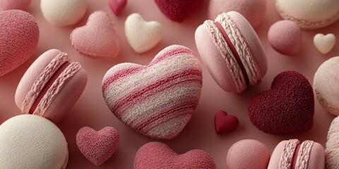 Textured Pink Hearts and Macarons in Romantic Flat Lay Artwork for Creative Projects