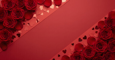 Crimson Romance: A Valentine's Day composition with the romantic elements. It uses red roses, which represent love. They rest over a red surface for expressing the passion.