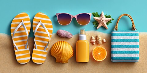 Summer Accessories Flat Lay on Sand with Flip Flops, Sunglasses, and Shells