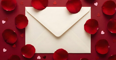 A Love Note Surrounded by Petals: A pristine envelope nestles amidst scattered ruby red petals and hearts. Symbolizing affection, longing, and romance. 