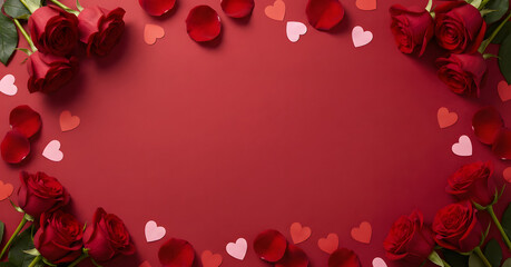 Romantic Embrace: A close-up view of vibrant red roses and scattered petals and small hearts, arranged on a deep red background creating a mood of love, passion, and elegance.
