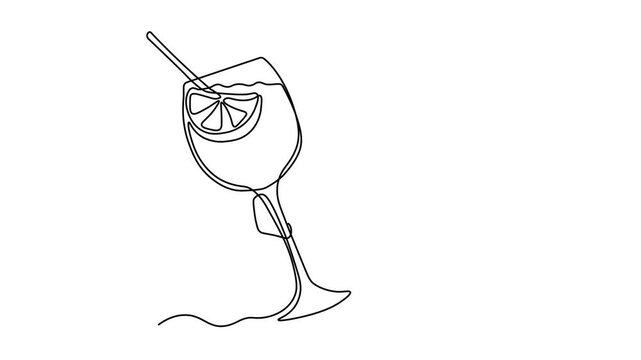 hand with glass of Cocktail spritz aperol with a straw. Self drawing animation one continuous line draw, logo on white background