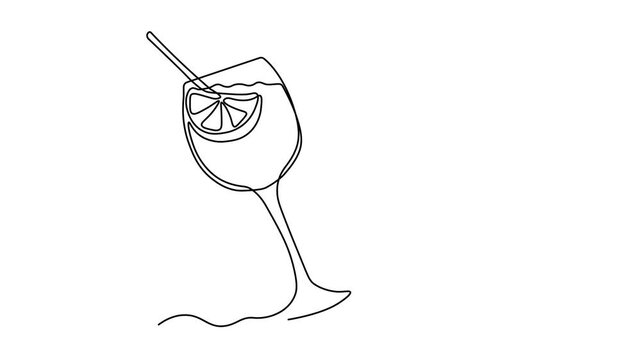 hand with glass of Cocktail spritz aperol with a straw. Self drawing animation one continuous line draw, logo on white background