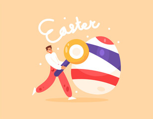 Illustration of a man using a magnifying glass and an Easter egg. Happy Easter concept. Searching or hunting for Easter eggs. Celebration, festival, event, party. Symbol, decoration, ornament