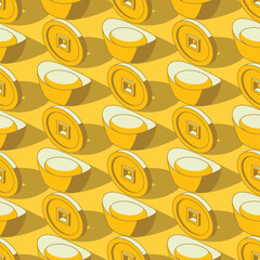 Sycee Gold ingot and gold coin isometric seamless pattern
