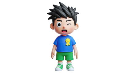 3D Cartoon Boy Winking with a Ribbon Badge