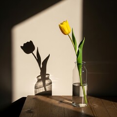 Single Yellow Tulip in Glass Vase with Shadow on Wall