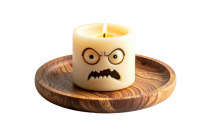 Scared Cartoon Candle with Glowing Eyes on Wooden Plate isolated on solid white background4