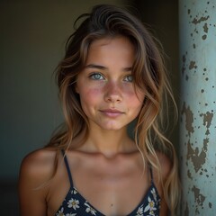 Smiling Young Girl with Freckles and Green Eyes Wearing Floral Top