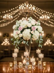 Elegant Wedding Floral Centerpiece with Roses and Candlelight