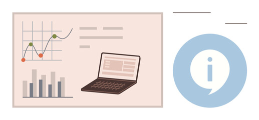 Obraz premium Business intelligence, data analysis, information sharing, tech education, report generation, digital tools. Graphs, charts laptop and info icon. Data analysis and business intelligence