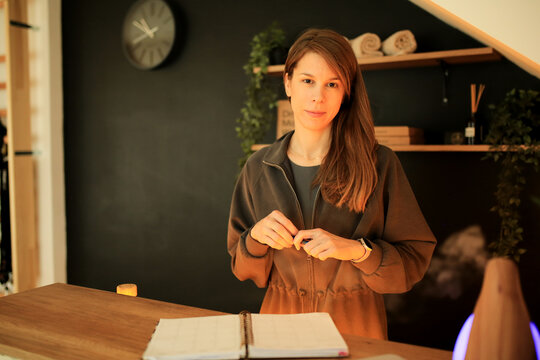 Portrait of a beautiful woman on the reception desk