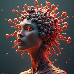 Abstract Female Figure with Red Spikes and Glowing Eyes Artistic Concept