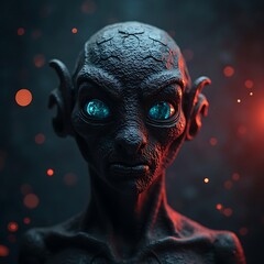 Alien Portrait with Bright Blue Eyes, Dark Skin and Unique Ears