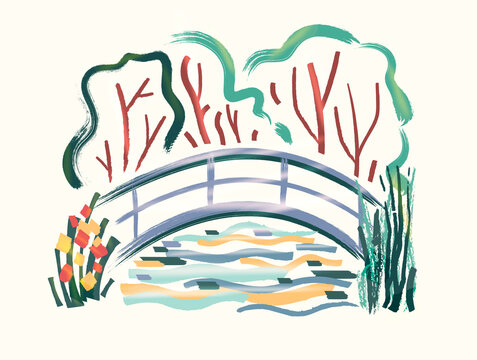 Small bridge over a pond surrounded by trees and plants. 