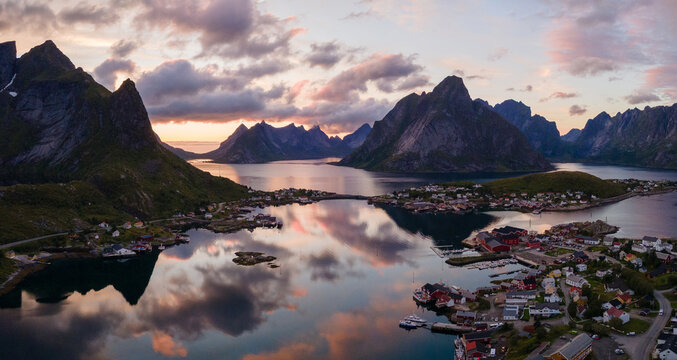 aerial panorama of Reine, Lofoten islands at sunset, Norway
