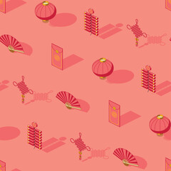 Lunar new year isometric seamless pattern of red envelope, paper lantern, firecrackers, hand fan, and knots