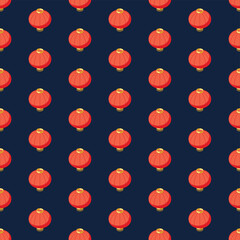 Seamless pattern of red paper lantern on dark blue background