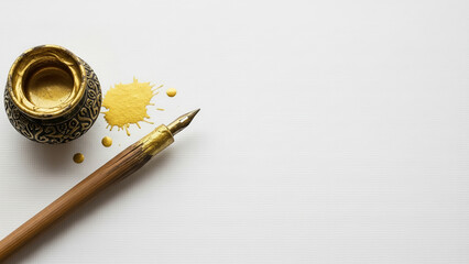 Traditional reed pen and gold ink on white paper with copy space for Ramadan art