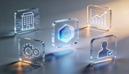 premium 3d digital illustration of floating glass icons featuring a central business office building connected to technical gears a human profile with checkmark and data growth charts