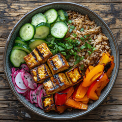 grilled tofu, brown rice, and a variety of colorful vegetables, arranged in a clean and balanced composition. This healthy plant based meal concept highlights nutrition, freshness, and mindful eating,