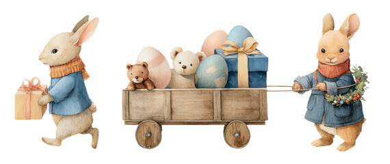 Whimsical Holiday Watercolor Illustration of Cute Animals with Festive Gifts